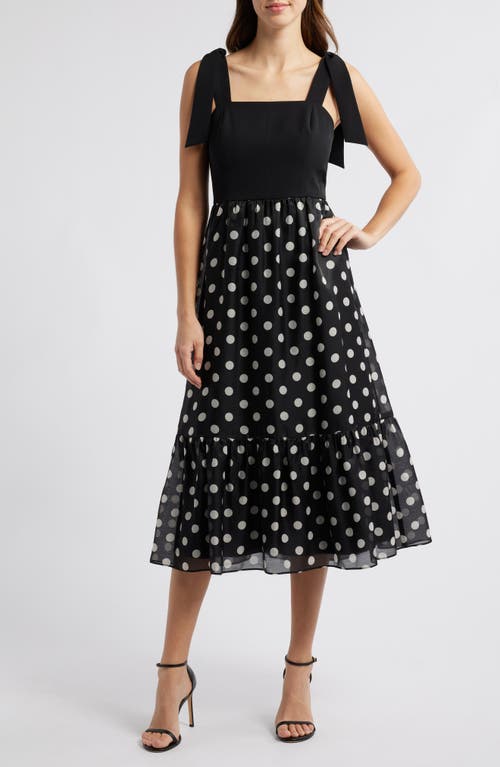 Anne Klein Plus Size Tie-strap Polka-dot Midi Dress In Anne Black/anne White
