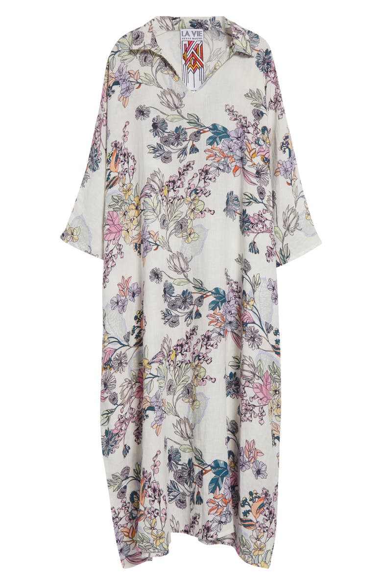 La Vie Style House Everyday Floral Long Sleeve Linen Cover-Up Caftan, Alternate, color, 