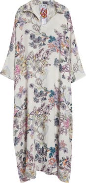 La Vie Style House Everyday Floral Long Sleeve Linen Cover-Up Caftan