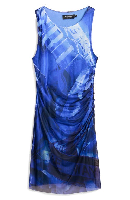 Desigual Abstract Print Mesh Sheath Dress In Ink Blue