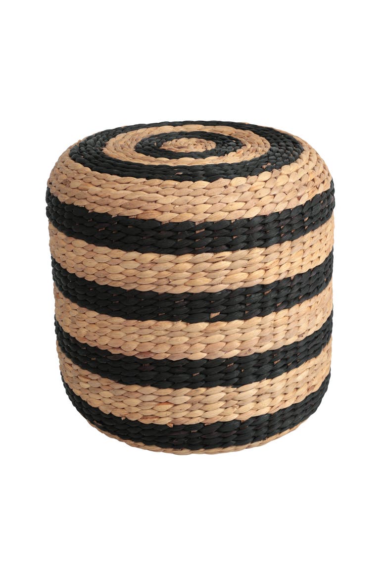 Aimee Bohemian Handwoven Water Hyacinth Round Floor Pouf Ottoman Accent Seat and Footstool for Living Room, Main, color, Black/Natural (Stripes)