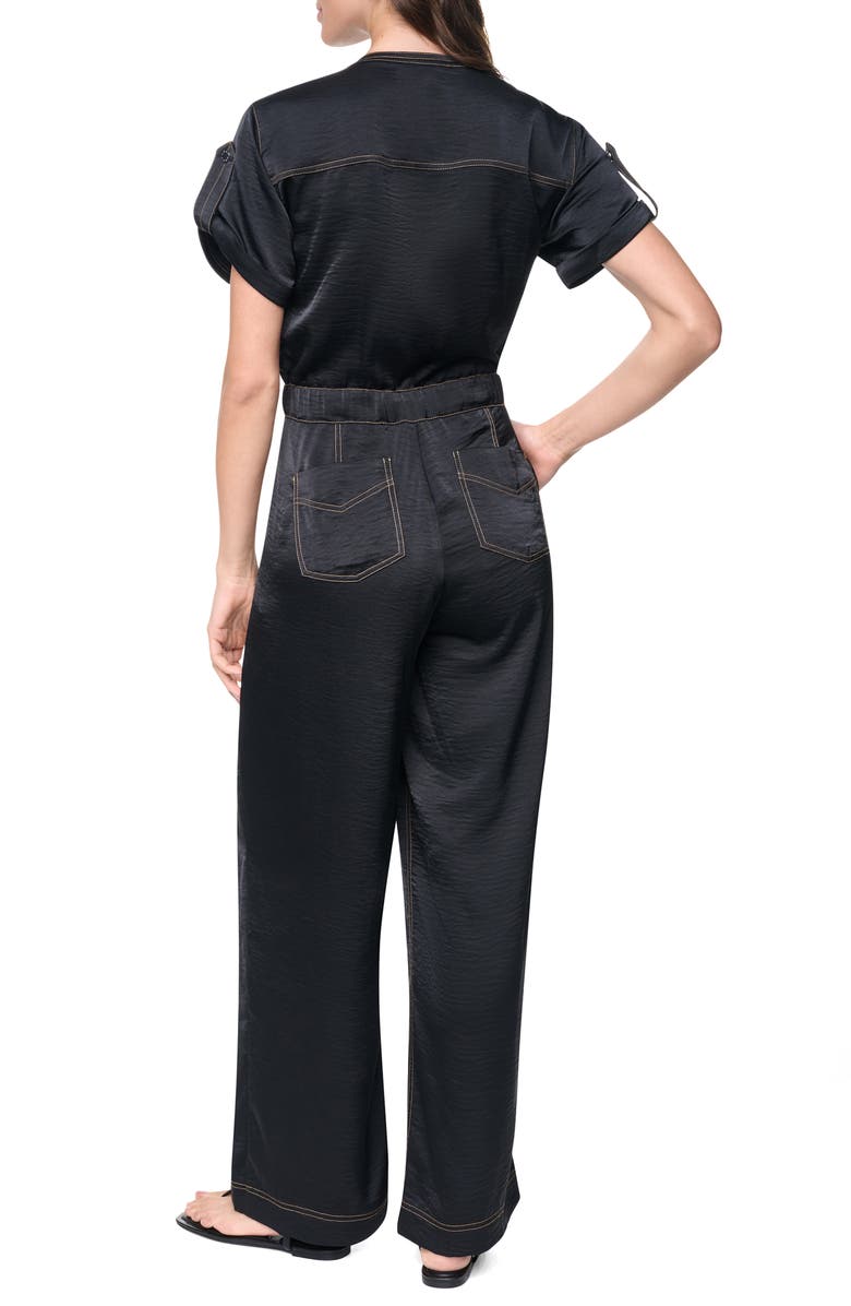DKNY Drawstring Waist Hammered Satin Jumpsuit, Alternate, color, Black