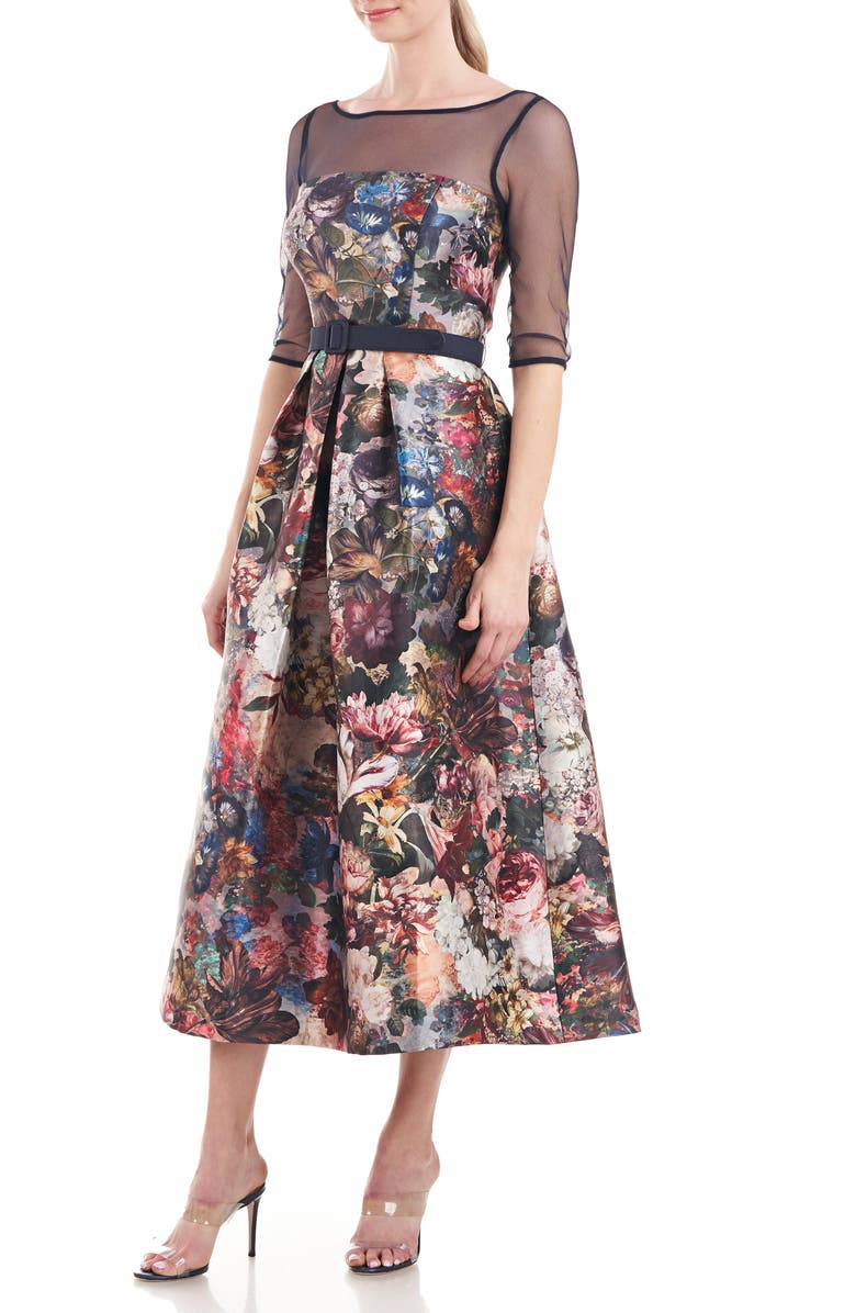 Kay Unger Bonnie Floral Mixed Media Midi Cocktail Dress, Alternate, color, 