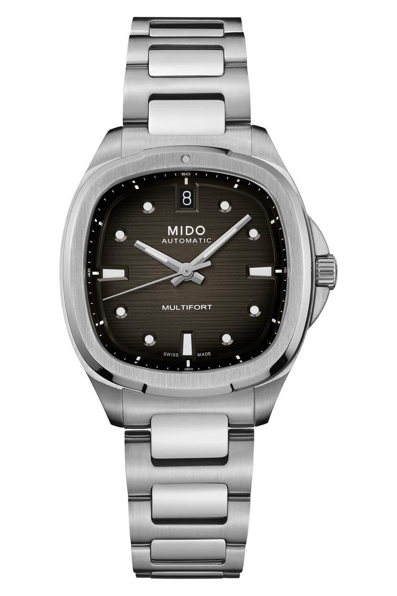 Multifort Square Automatic Bracelet Watch, 35mm, Main, color, GREY