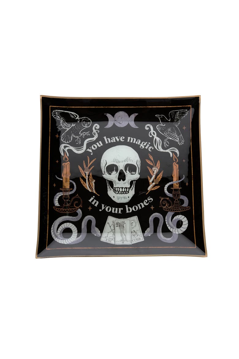 Magic In Your Bones Skull Halloween Glass Tray, Main, color, Black