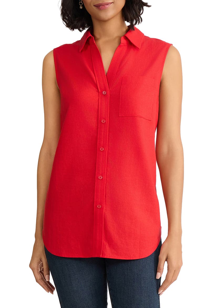 Sleeveless Linen Blend Button-Up Shirt, Main, color, ROUGE