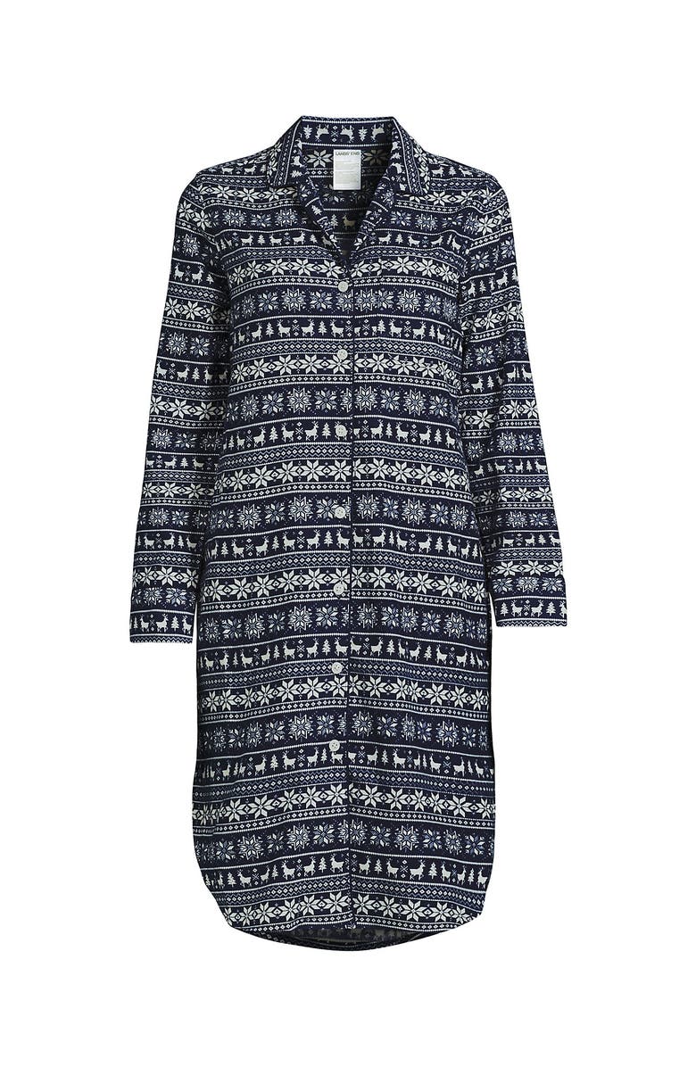 Lands' End Flannel Long Sleeve Sleepshirt Nightgown, Alternate, color, Deep Sea Deer Fairisle