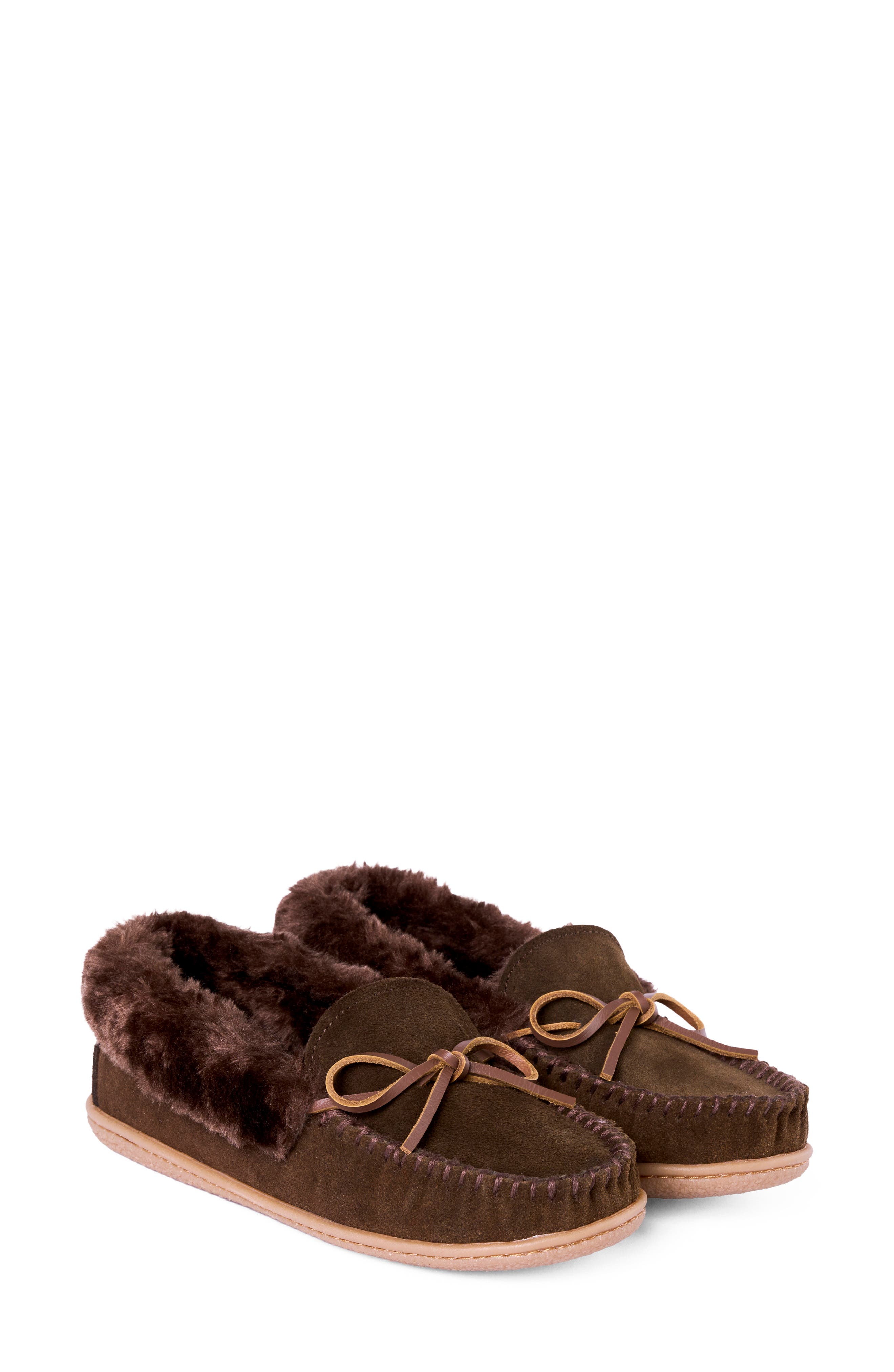 Camp Collar Faux Fur Suede Moccasin, Alternate, color, DARK CHOCOLATE