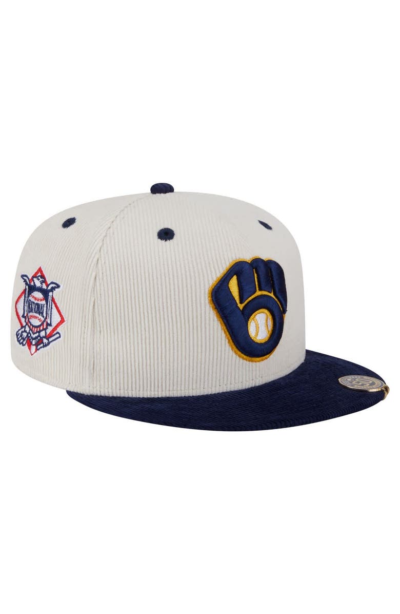 New Era Men's New Era Cream/Navy Milwaukee Brewers Two-Tone Corduroy 59FIFTY Fitted Hat, Main, color, 