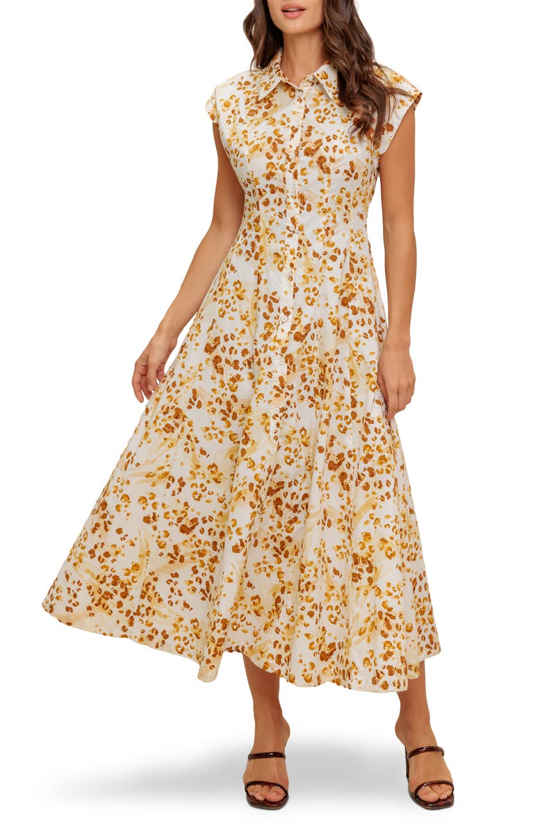 FLYING TOMATO Print Midi Button Front Shirtdress, Main, color, Ivory Brown