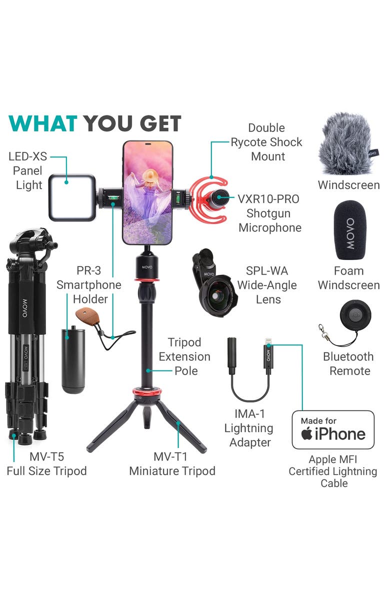 MOVO iVlog1 Vlogging Kit for iPhone with Shotgun Mic, LED Light, Tabletop Tripod, Fullsize Tripod and More, Alternate, color, Black