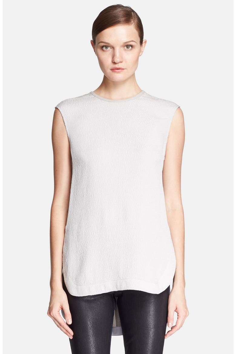 Leather Trim Textured Silk Top, Main, color, STONE