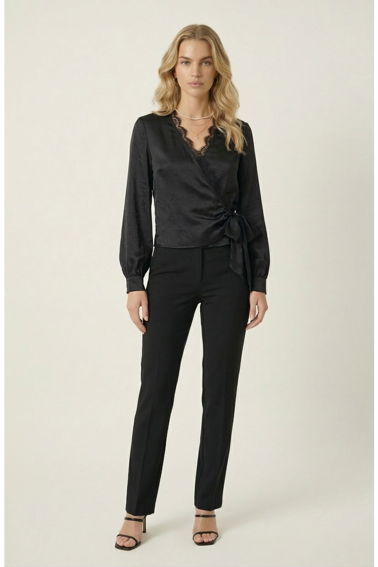 Lace Trim V-Neck Wrap Blouse, Alternate, color, Black