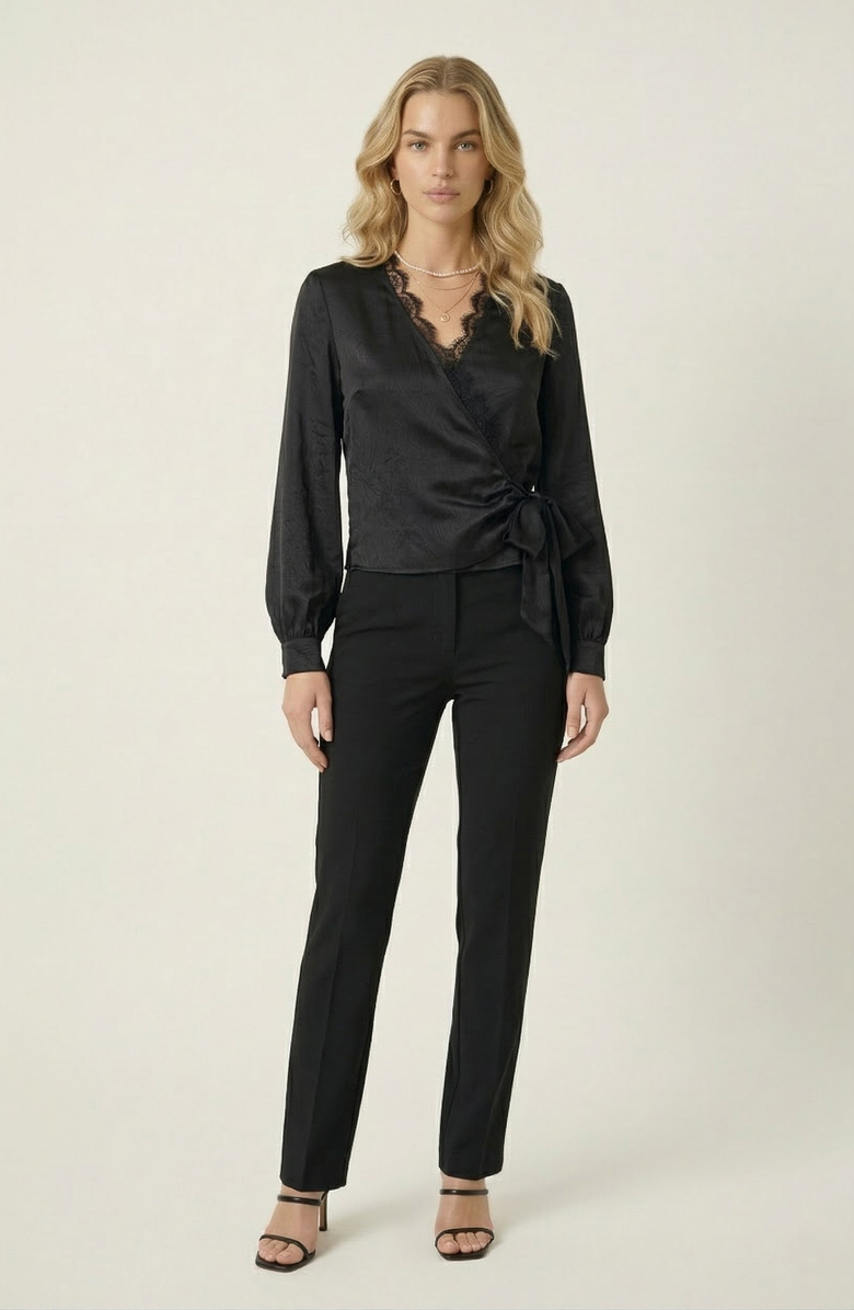 Modenaire Lace Trim V-Neck Wrap Blouse, Alternate, color, Black