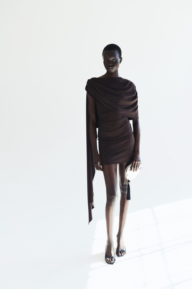Cape-detail Draped Dress, Alternate, color, Dark brown