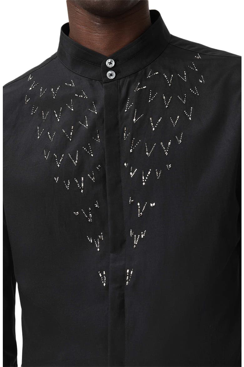 Lex Embellished Band Collar Silk & Wool Button-Up Shirt, Alternate, color, BLACK