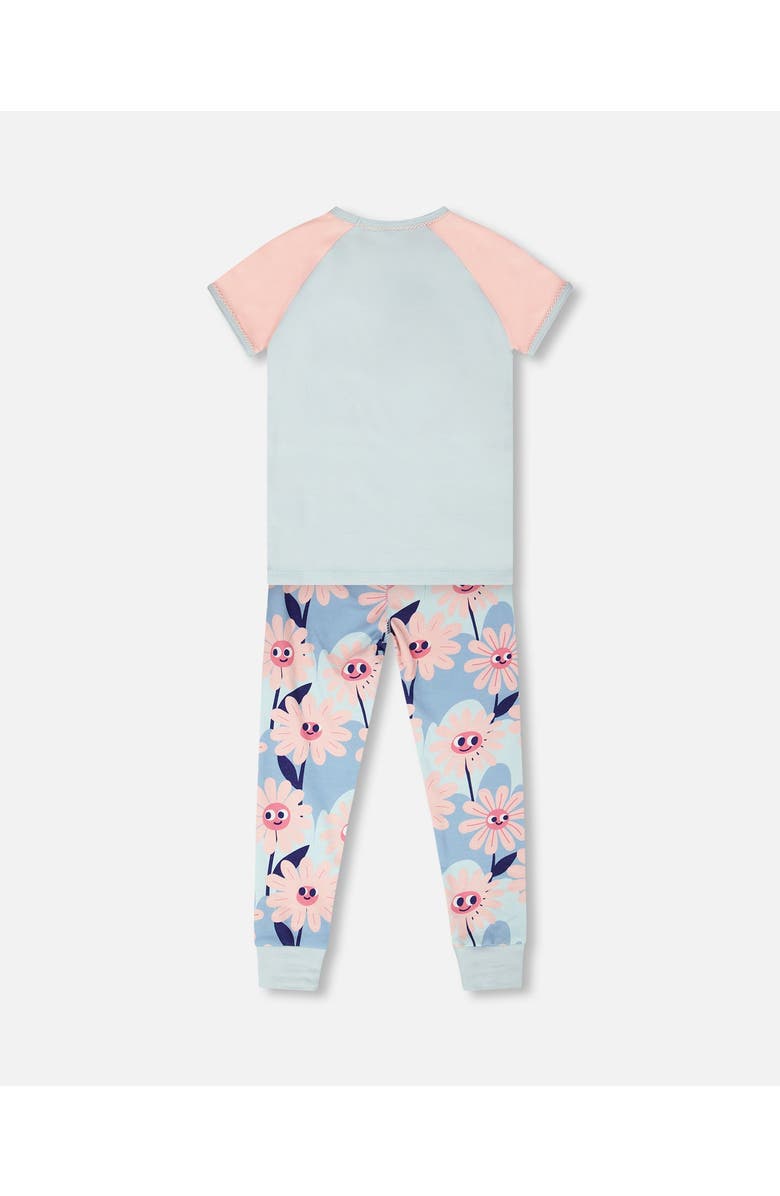 Deux par Deux Organic Cotton Smiling Flower Print Two-Piece Pyjama Set, Alternate, color, Blue Smiling Flower Print