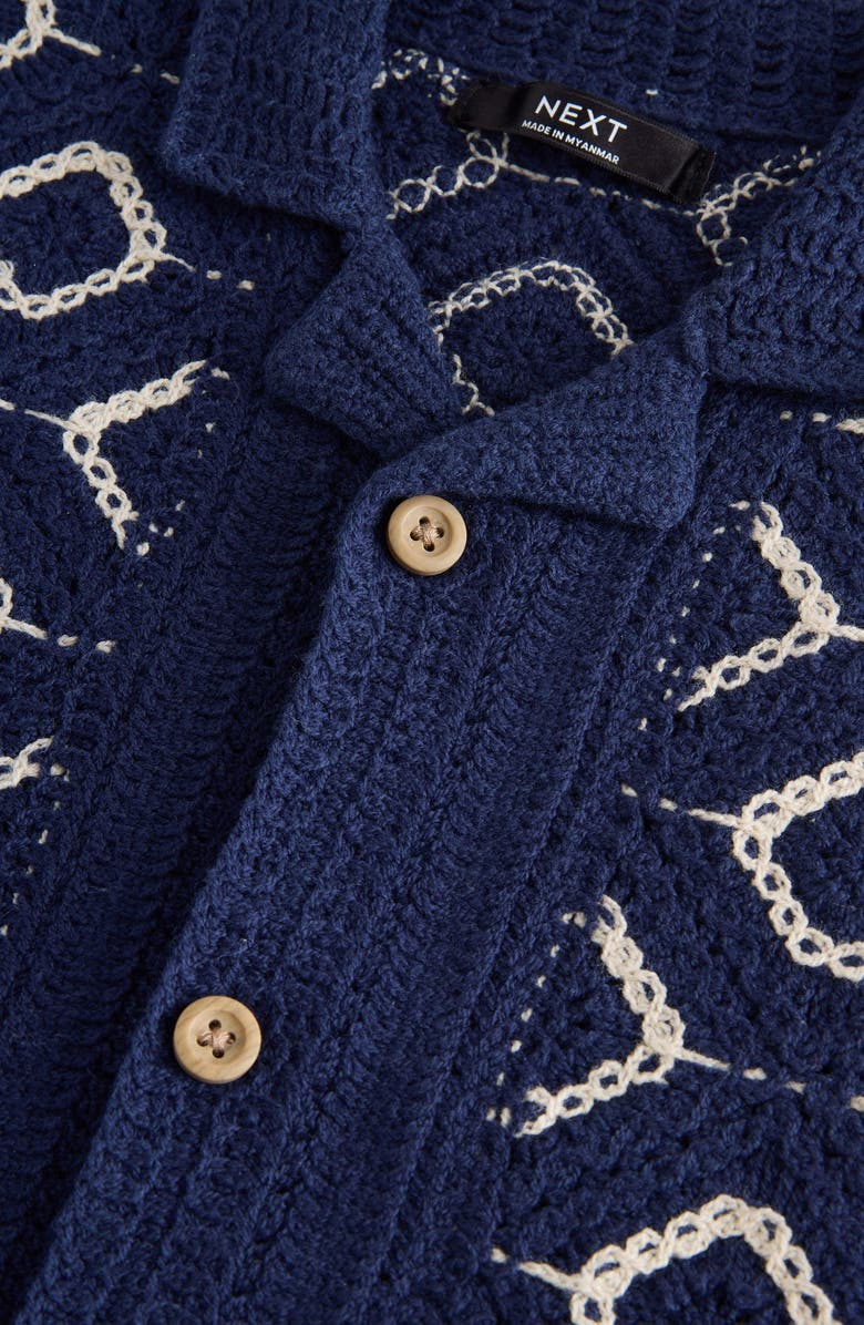 NEXT Kids' Diamon Camp Collar Short Sleeve Crochet Cardigan, Alternate, color, Blue