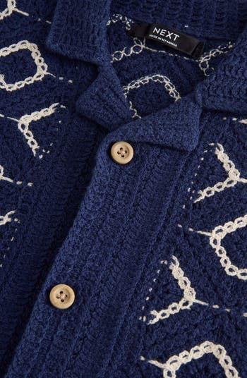 Kids' Diamon Camp Collar Short Sleeve Crochet Cardigan