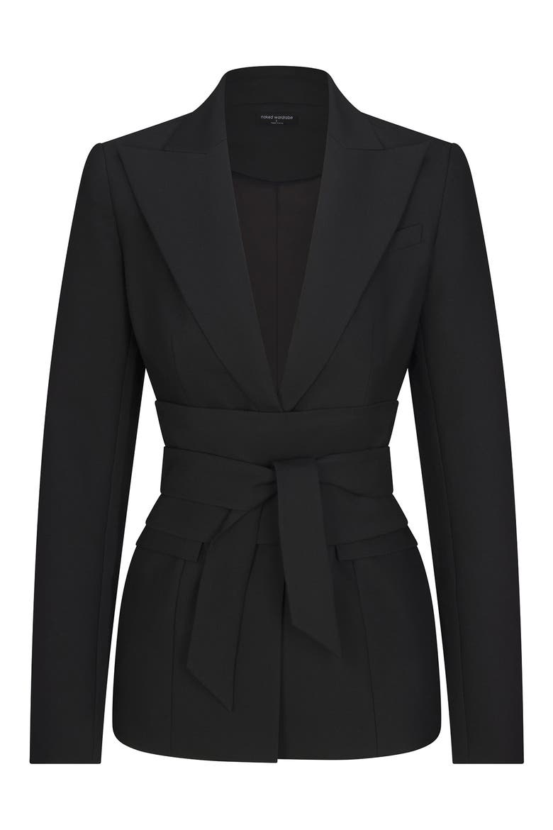 Power Shoulder Tie Waist Blazer, Alternate, color, BLACK