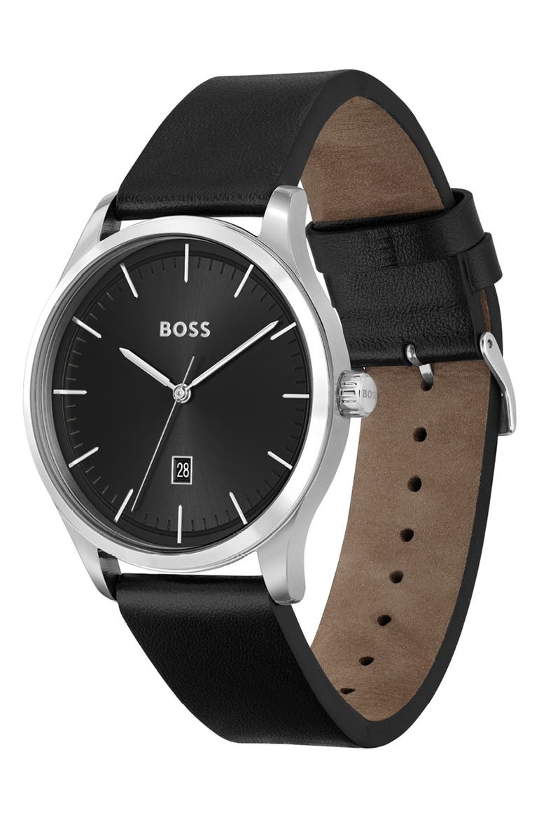 Reason Quartz Leather Strap Watch, 43mm, Alternate, color, BLACK DIAL