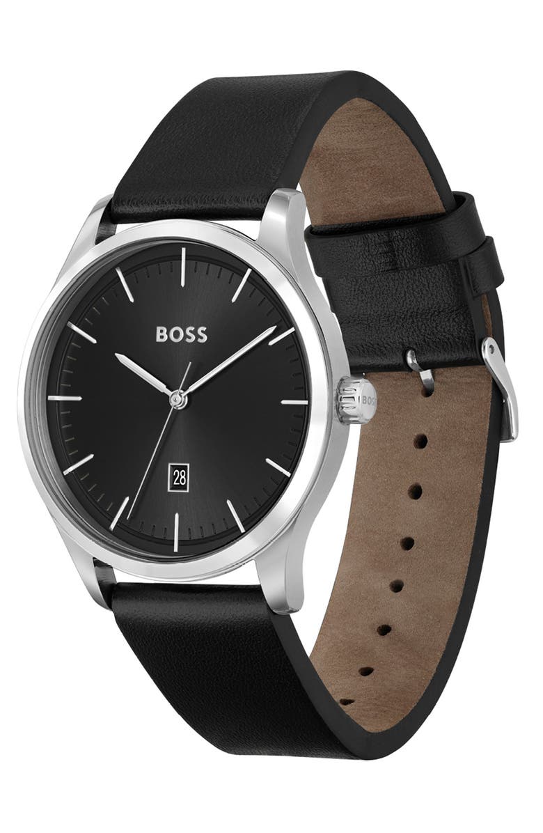 BOSS Reason Quartz Leather Strap Watch, 43mm, Alternate, color, Black