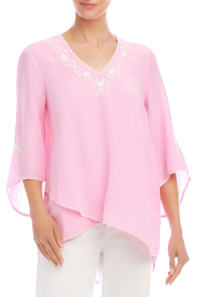 Embroidered Asymmetric Hem Linen Blend Top, Main, color, PINK