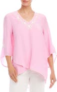 Karen Kane Embroidered Asymmetric Hem Linen Blend Top
