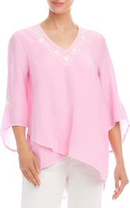 Karen Kane Embroidered Asymmetric Hem Linen Blend Top
