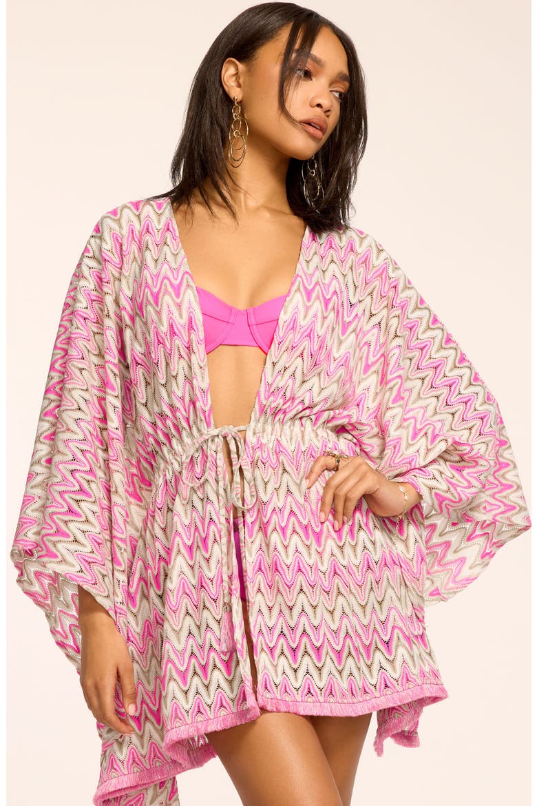 Mckala Metallic Tie Front Long Sleeve Sheer Cover-Up Tunic, Alternate, color, RADIANT PINK ZIGZAG