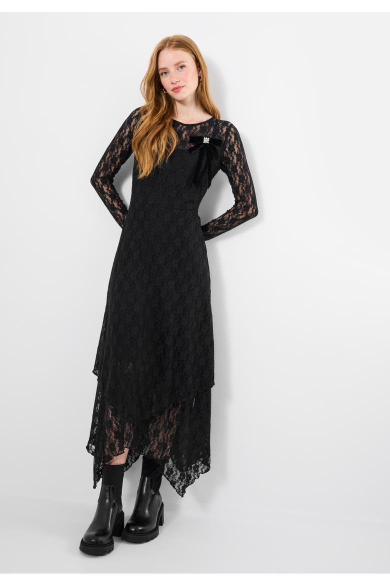 Stretch Lace Hanky Hem Maxi Dress, Main, color, BLACK