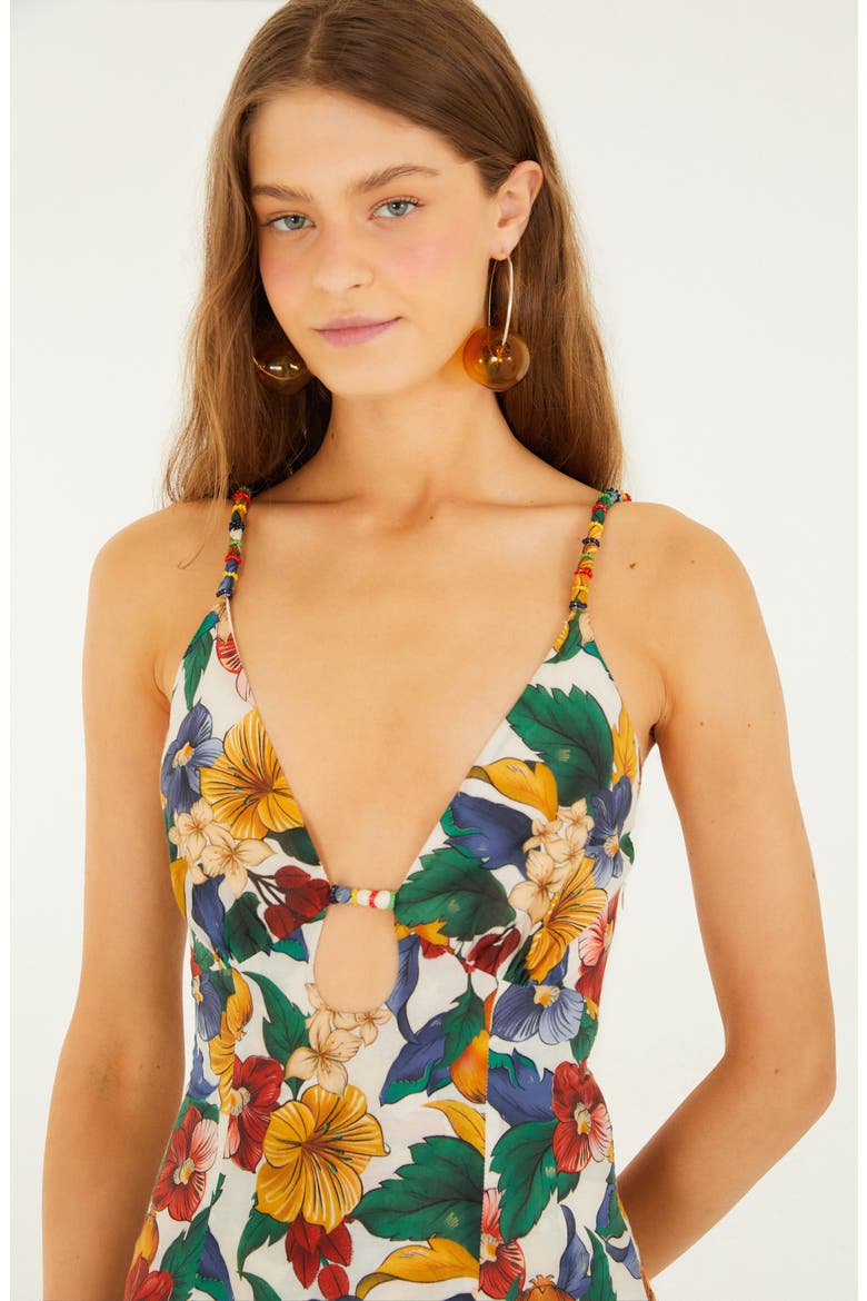 Tropical Print Plunge Neck Drop Waist Midi Dress, Alternate, color, TROPI OFF-WHITE