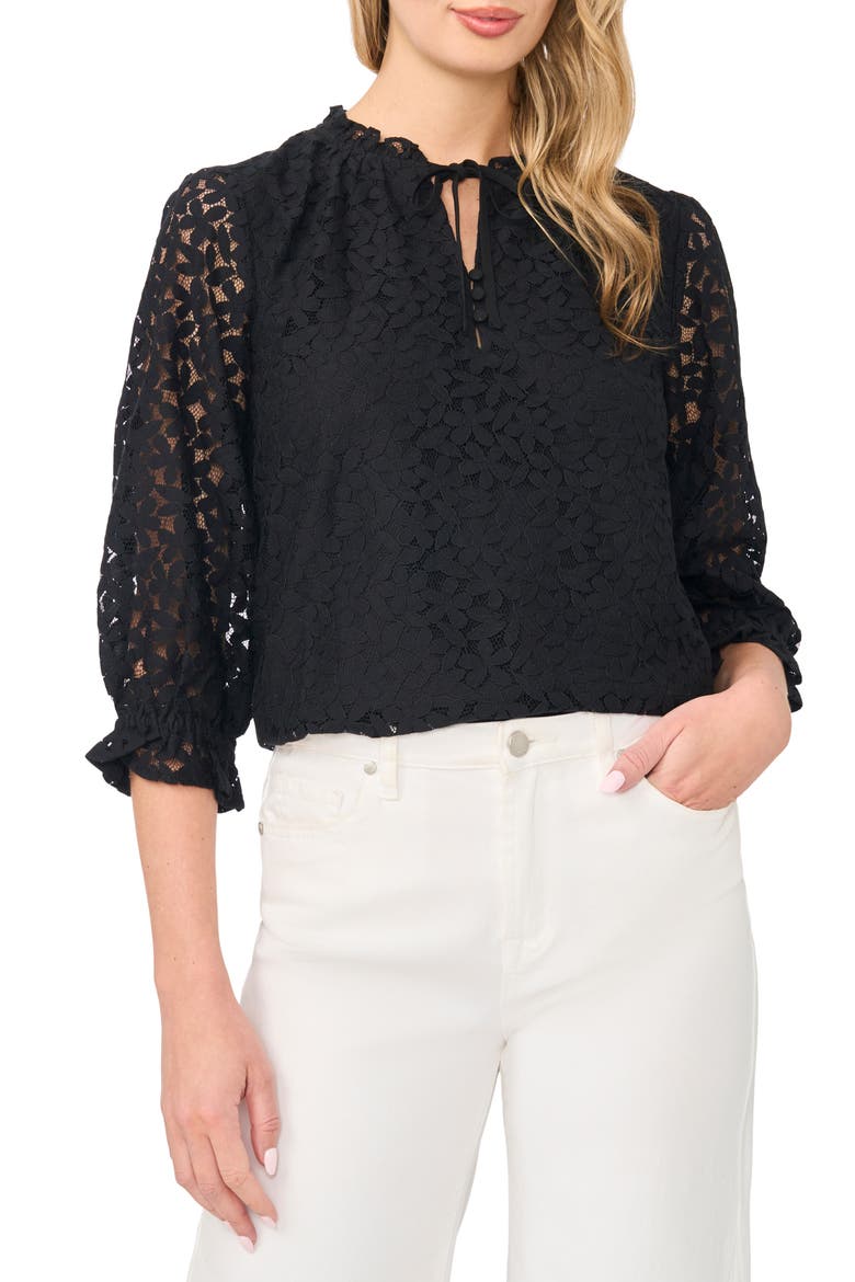 Lace Ruffle Tie Neck Top, Main, color, RICH BLACK