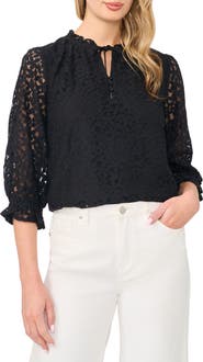 CeCe Lace Ruffle Tie Neck Top