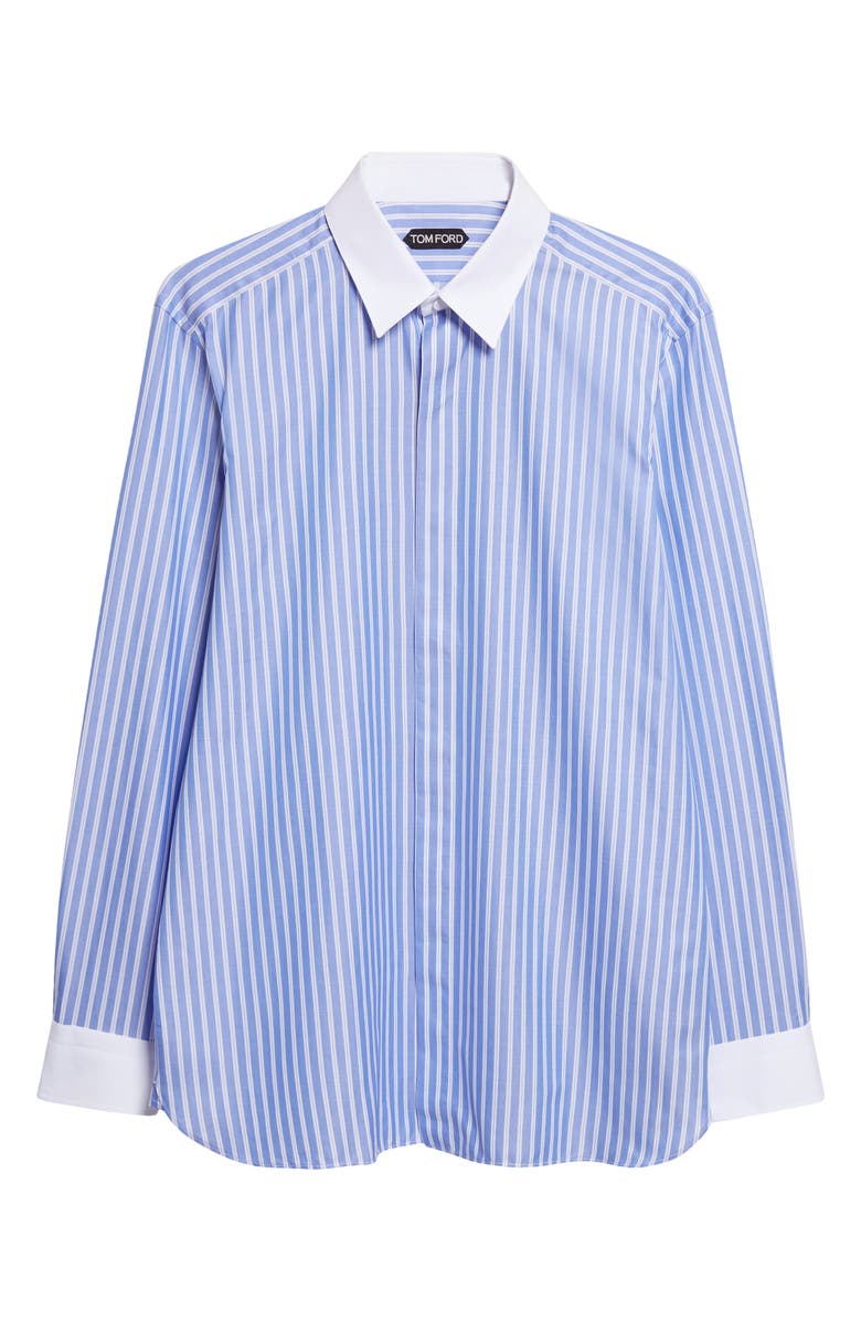TOM FORD Classic Fit Contrast Collar Stripe Button-Up Shirt, Main, color, White/ Blue