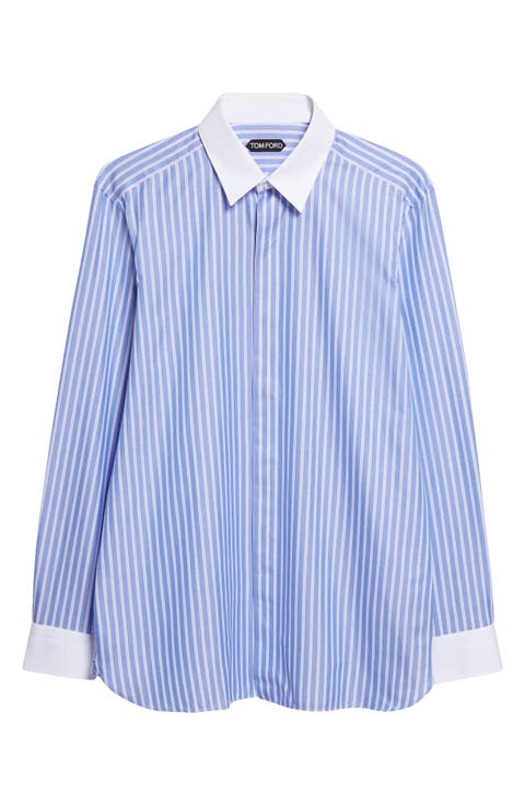 Classic Fit Contrast Collar Stripe Button-Up Shirt