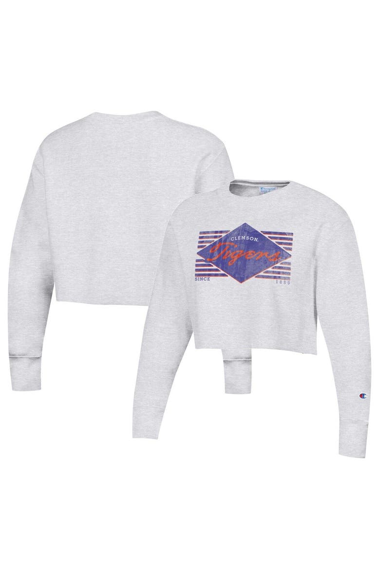 Women's Champion Heather Gray Clemson Tigers Reverse Weave Cropped Pullover Sweatshirt, Main, color, Heather Gray