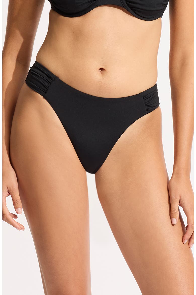 Ruched High Waist Bikini Bottoms, Main, color, BLACK