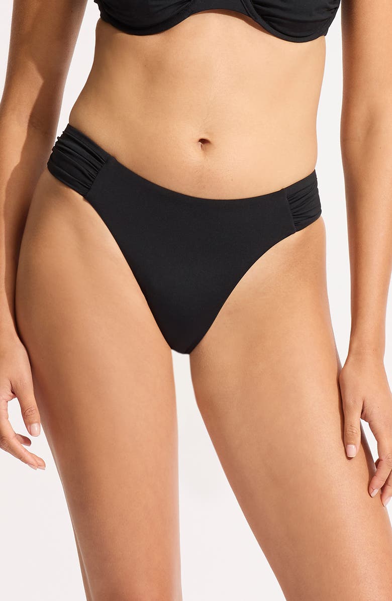 Seafolly Ruched High Cut Bikini Bottoms, Main, color, Black