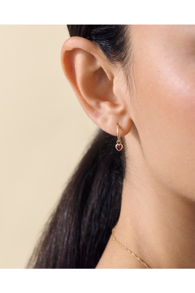 Solid Gold Heart Ruby Hoop Earrings, Alternate, color, Metallic Gold