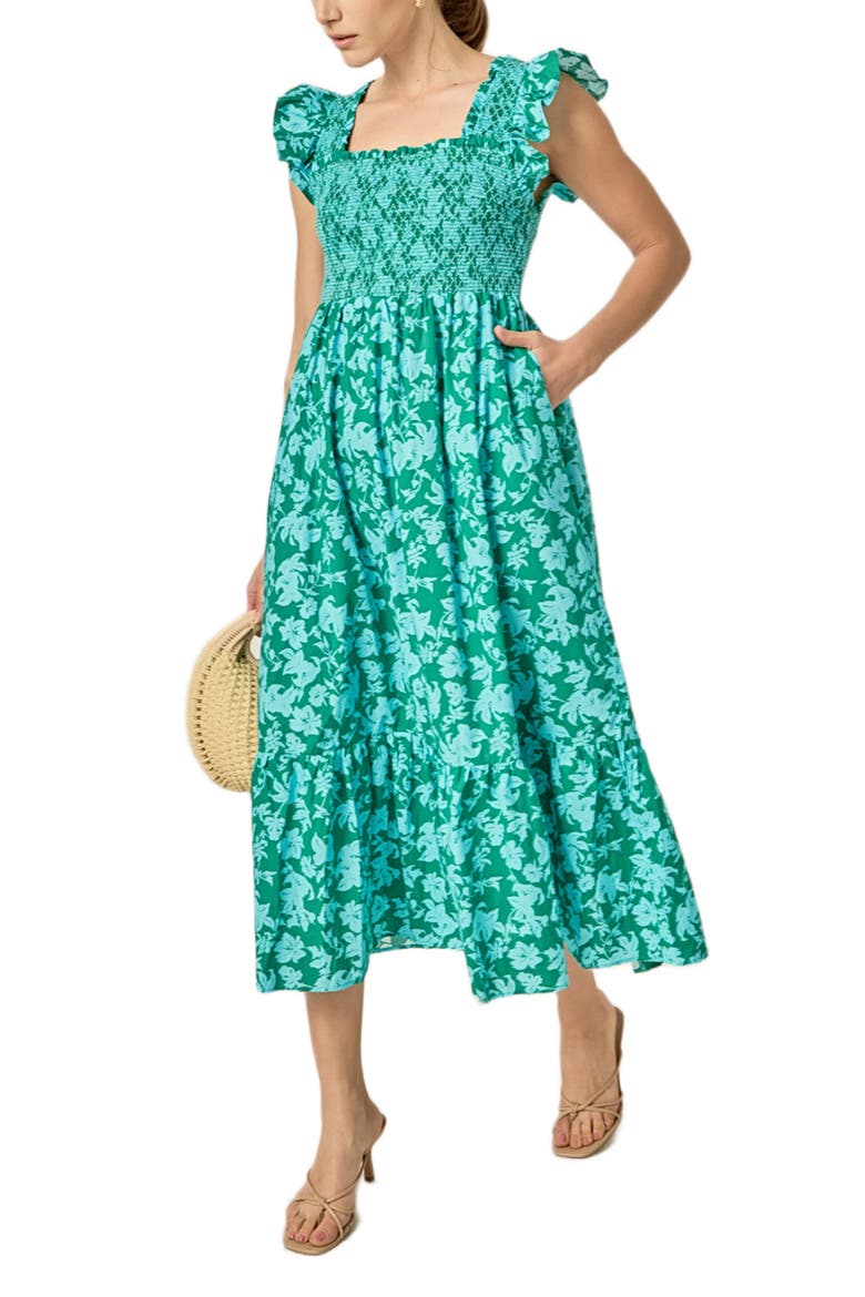 Print Smocked Cotton Midi Dress, Alternate, color, GREEN