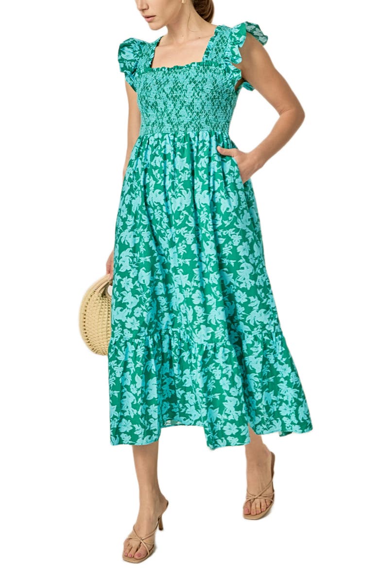 English Factory Print Smocked Cotton Midi Dress, Alternate, color, Green