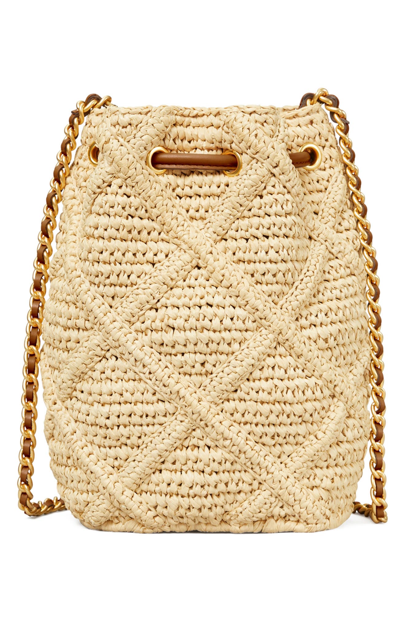 Tory Burch Fleming Soft Straw Crochet Mini Bucket Bag, Alternate, color, 