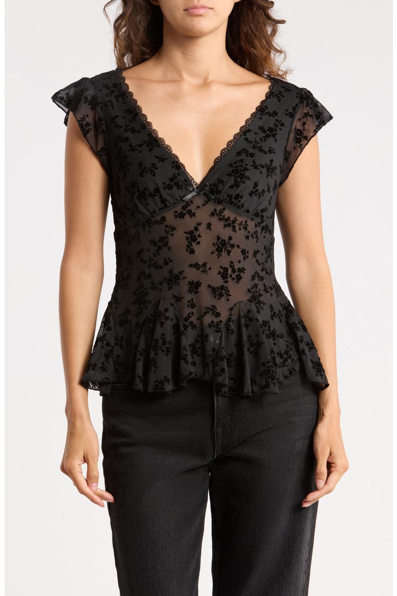 Flutter Sleeve V-Neck Burnout Top, Main, color, BLACK