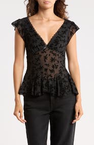 Madden Girl Flutter Sleeve V-Neck Burnout Top