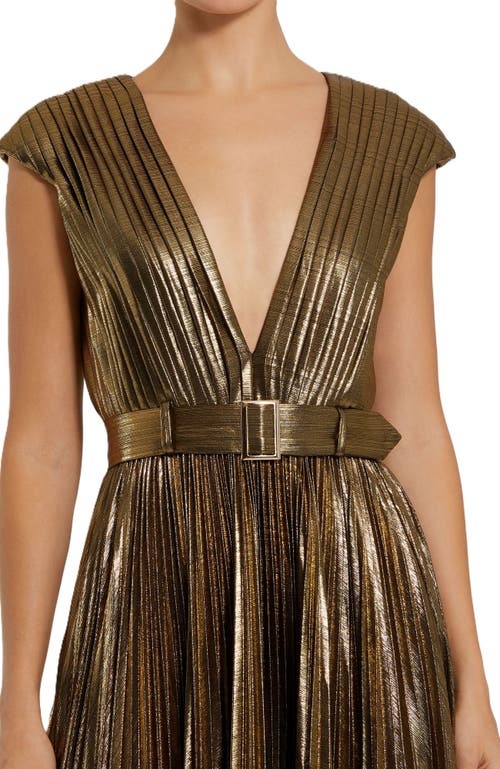 Mac Duggal Pleated Metallic Jersey Gown With Belt In Bronze