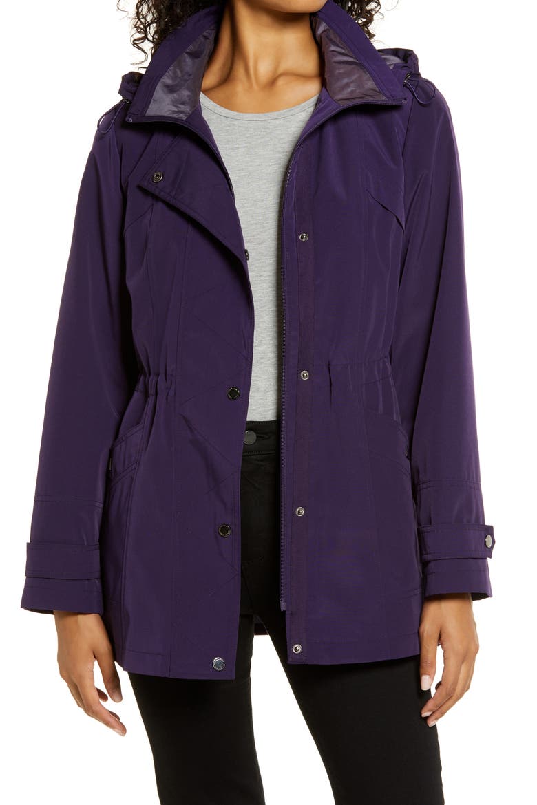 Cinched Waist Hooded Water Resistant Raincoat, Main, color, PURPLE SHADOW