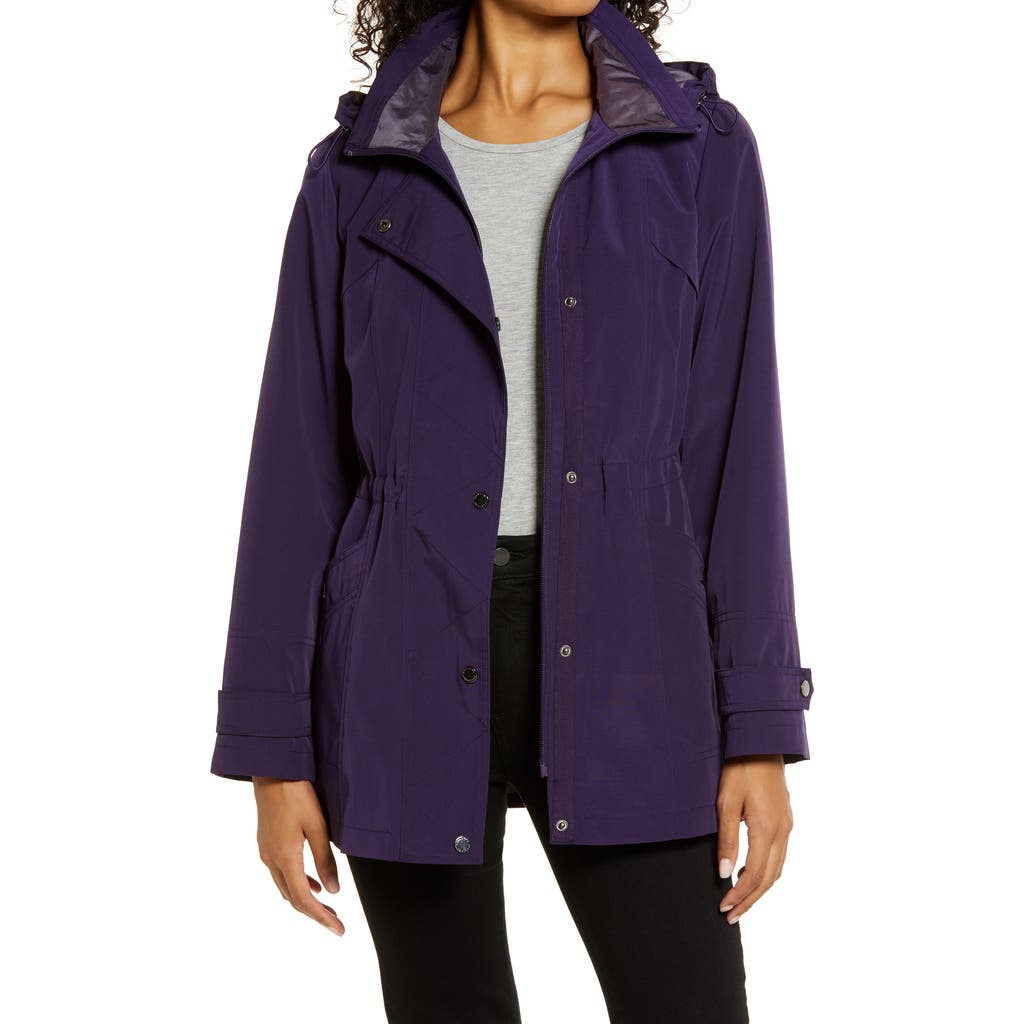 Gallery Cinched Waist Hooded Water Resistant Raincoat in Purple Shadow  product