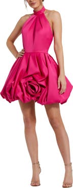 Mac Duggal Satin High Neck Sleeveless Bubble Hem Mini Dress