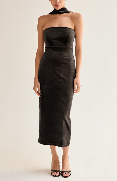 Halter Neck Velvet Tube Midi Dress